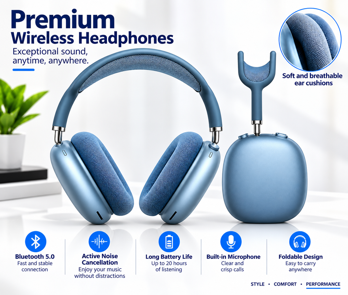 Premium Wireless Over-Ear Headphones – Elegant Design & Comfortable Fit